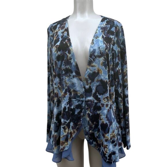 LOGO by Lori Goldstein Peplum Cardigan Womens 1X Blue Brown Floral Chiffon Trim - Picture 1 of 15